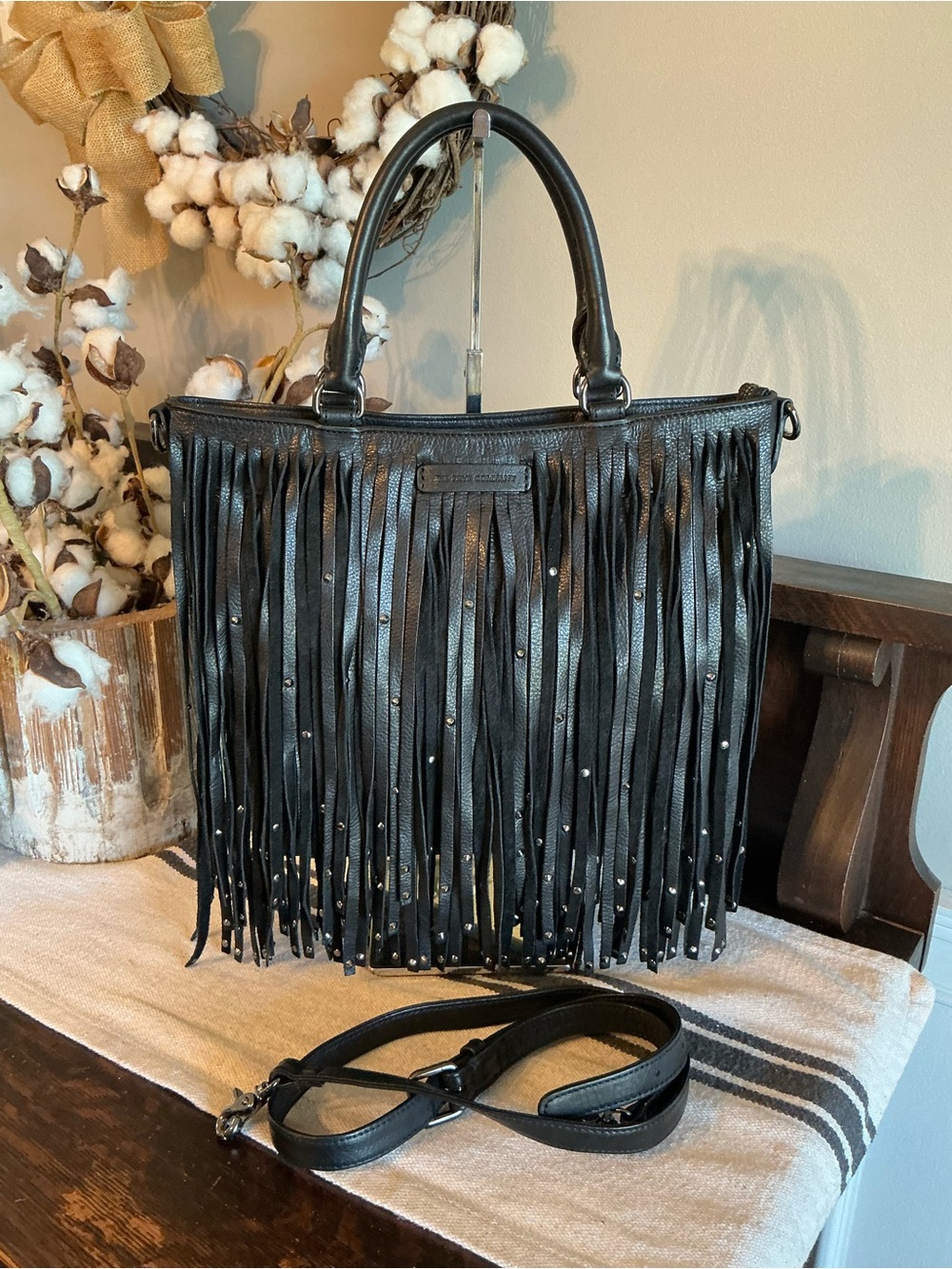 Frye Italian Leather Heidi Studded Fringe Tote Crossbody Black Retail $458 - Picture 3 of 12